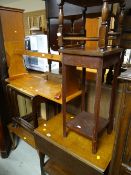 A parcel of furniture to include vintage oak drop leaf tea trolley, nest of tables, pine bench etc
