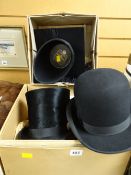 A Victor Jay & Co, London top hat, Tress & Co, London bowler hat, mortarboard & academic hood