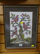 A framed embroidered crewel work panel of birds on a branch