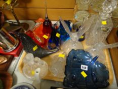 Tray of various clear & coloured glass animal figures, decanter