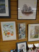 Framed circular mounted print of an evening scene together with two other framed prints