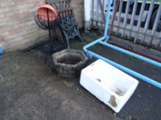 A Belfast sink, angular garden planter etc (outside)
