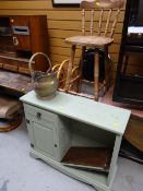 Parcel of furniture items including painted low bookcase & cupboard, painted table, kitchen stool