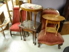 Parcel of furniture to include two vintage upholstered bedroom chairs, nest of tables, kidney shaped