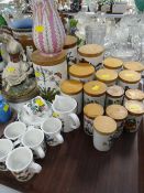 Collection of Portmeirion Botanic Garden wooden topped storage canisters & coffee cups & saucers