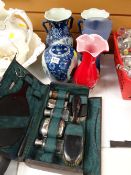 Pair of modern blue & white Japanese vases, ginger jar, cased gentleman's grooming set etc