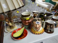 Parcel of mixed china including Beswick & Sylvac Toby Jugs, Goebel table lamp, small Poole dish