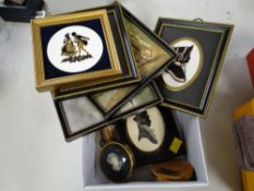 Box of small framed mainly portraits, silhouettes, cameos