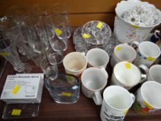 A tray of teaware, glassware, mugs etc