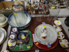 Tray of various china including Royal Albert 'Old Country Roses' ornaments, two glass clock domes,