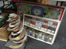 Ceramic cast of houses & viaduct, a mosaic & a metal spiral sculpture on slate base by local Welsh