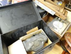 WWII metal cased ARP gas mask, gas rattle with impressed mark, 1942 MKIV, cased Prinz binoculars,