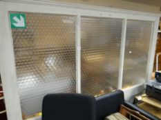 A three glass top sectioned room screen on castors originally from Bethel Baptist Church, Newport