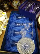 Boxed Dartington glasses, a pair of boxed Edinburgh crystal drinking glasses etc