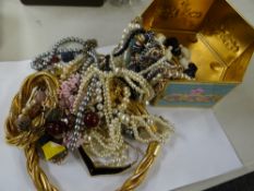 Vintage octagonal painted tin & contents of costume jewellery mainly necklaces etc