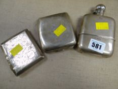 Two hallmarked silver cigarette cases & a hallmarked silver hip flask