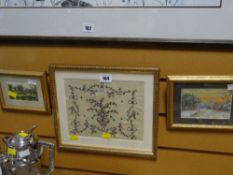 A framed antique needlework & sequinned panel together with two framed pictures