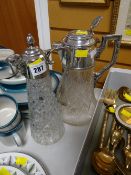 An elaborate EPNS & cut glass claret jug with internal chamber, possibly for hot water, together