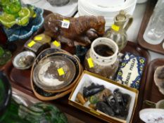 Tray of small mainly studio pottery items, small carved animals etc