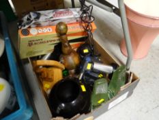 Crate of mixed collectables & two board games, desk lamp