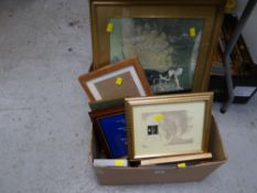 Box of various photograph frames together with a framed print