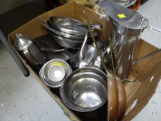 A box of stainless steel kitchenware, two copper pans etc