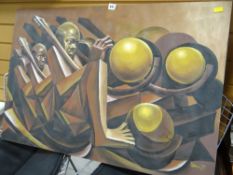 A modernist oil on canvas of tribal musicians, signed by Malawian artist CHIROMO, dated '79