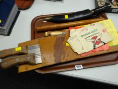 Two cased machetes, kukri knife, vintage police truncheon etc