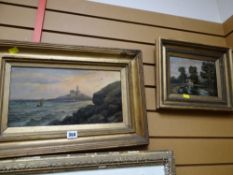Late nineteenth century oil on board of maritime scene, possibly the Mumbles lighthouse, with