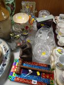 Cut glass bowl, vases, lidded containers, small easel mirror & decorated wall clock etc