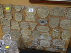 Quantity of vintage brass steam rally plaques fixed to a board