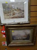 Framed late nineteenth century watercolour of a cottage scene with church in background & children