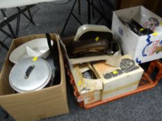A parcel of various kitchenware, pans, Kenwood shredder & slicer etc E/T
