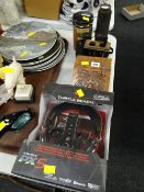 Pair of vintage binoculars, telescope, wireless headset etc