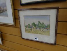 IRENE BACHE watercolour & pencil - harvested corn with farm buildings in tree line, signed