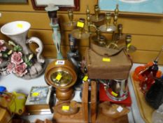 Carved wooden duck bookends, barometer, brass candlesticks etc