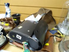 Vintage brown leather briefcase, pair of Wings cased binoculars, two trilby hats
