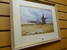 R HANKE watercolour - central European landscape with poultry windmill & campfire burning,
