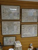 Five framed reproduction antiquarian maps of various parts of the British Isles etc