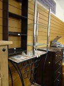 A metal framed & tile top narrow wine rack / table together with a chrome & glass shelved table,