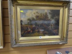 Nineteenth century primitive school framed oil on canvas of harvest gathering