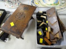 A collection of miniature leather bound books with bookcase, small musical carved wood box