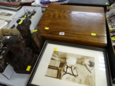 A modern oak writing slope, pair of carved wood bookends & two framed risque prints