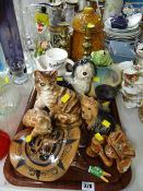 Parcel of various china animal ornaments, glass Murano-style clown, brass candlesticks etc