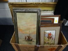 A box of various framed oils, watercolours, prints etc