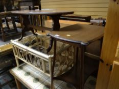 A vintage shaped top dark wood side table with lower shelf together with a modern oval top coffee