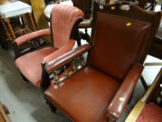 A vintage leatherette gentleman's-style armchair with spindle supported cushioned arms together with