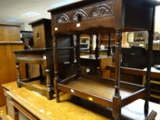 Small oak telephone seat together with a dark wood hall table