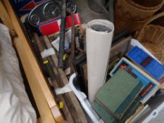 Vintage spirit levels, blow lamps, mini motorcar centre console, books & vintage guides