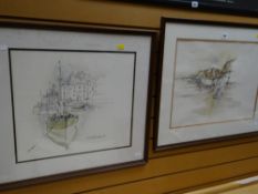 A framed watercolour of three children outside thatched buildings, indistinctly signed together with